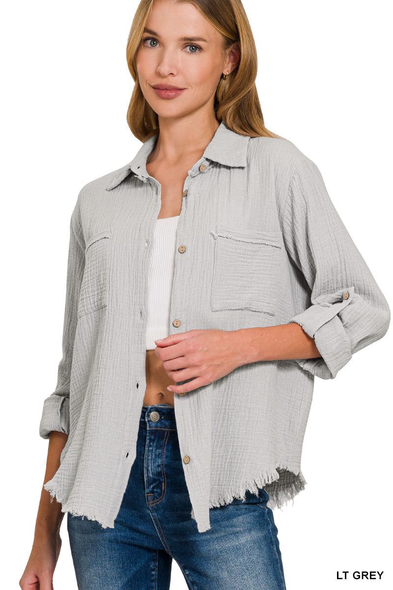 Zenana double gauze long sleeve button down shirt with roll-up tab sleeves
Close-up of double gauze texture and patch pocket detail
Front view of lightweight cotton roll-up shirt