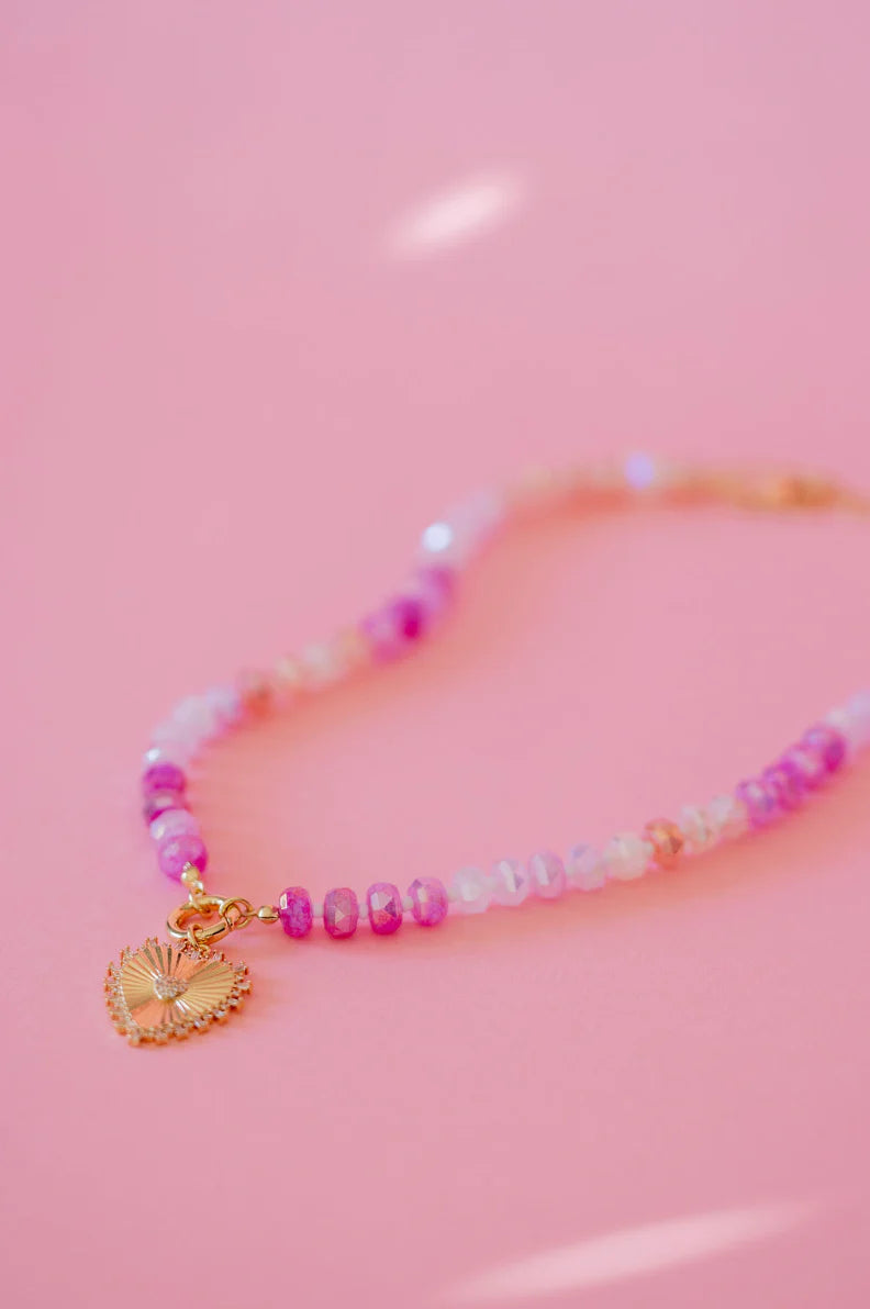 Pink Bloom Necklace | Pink Stone Heart Charm Adjustable Necklace
