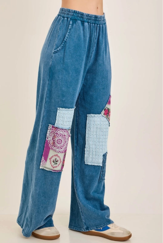 Mineral Washed Patchwork Wide Leg Pants | Slate Blue Boho Pull-On Pants