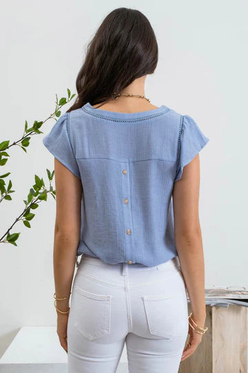 TULIP SLEEVE BACK BUTTON BLOUSE Blu Pepper
