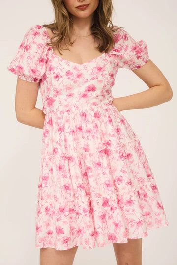 A floral open back mini dress with tie detail, in blue and pink colors.