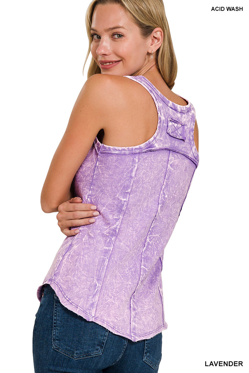 Close-up of raw edge hem and crinkle-texture fabric
Side view showing relaxed silhouette and armhole width