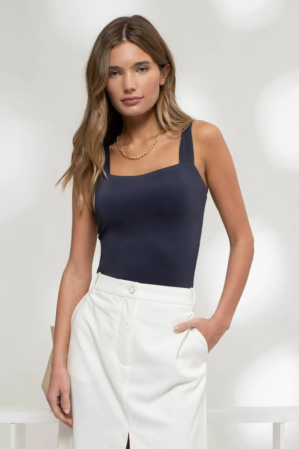 Reversible Square-Neck Seamless Cami – Blu Pepper Stretch Knit 2‑Way Tank