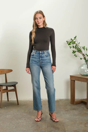 Seamless Mock Neck Long Sleeve Bodysuit by Blu Pepper | Sleek Stretch Knit One‑Piece