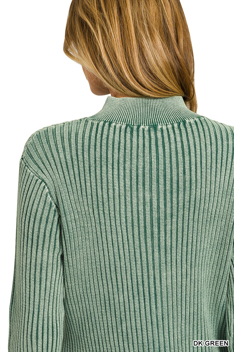Zenana Dark Green Washed Zip-Up Sweater | Cotton Ribbed Mock Neck Cardigan