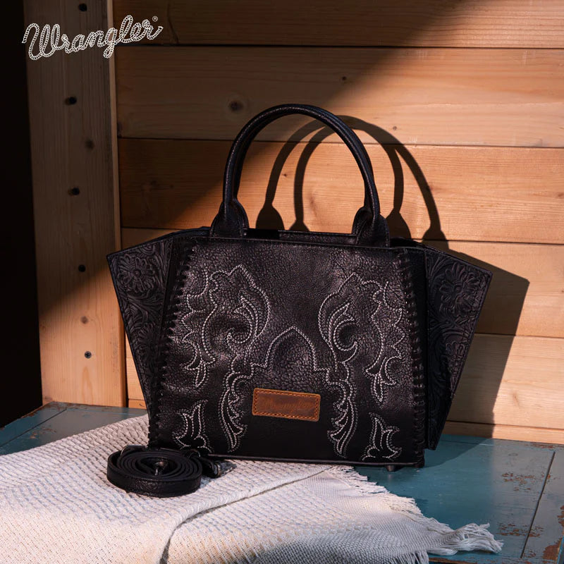 “Wrangler embroidered trapezoid tote crossbody bag”
“Structural handbag with Western embroidery detail”
“Convertible tote crossbody bag with stitched accents”