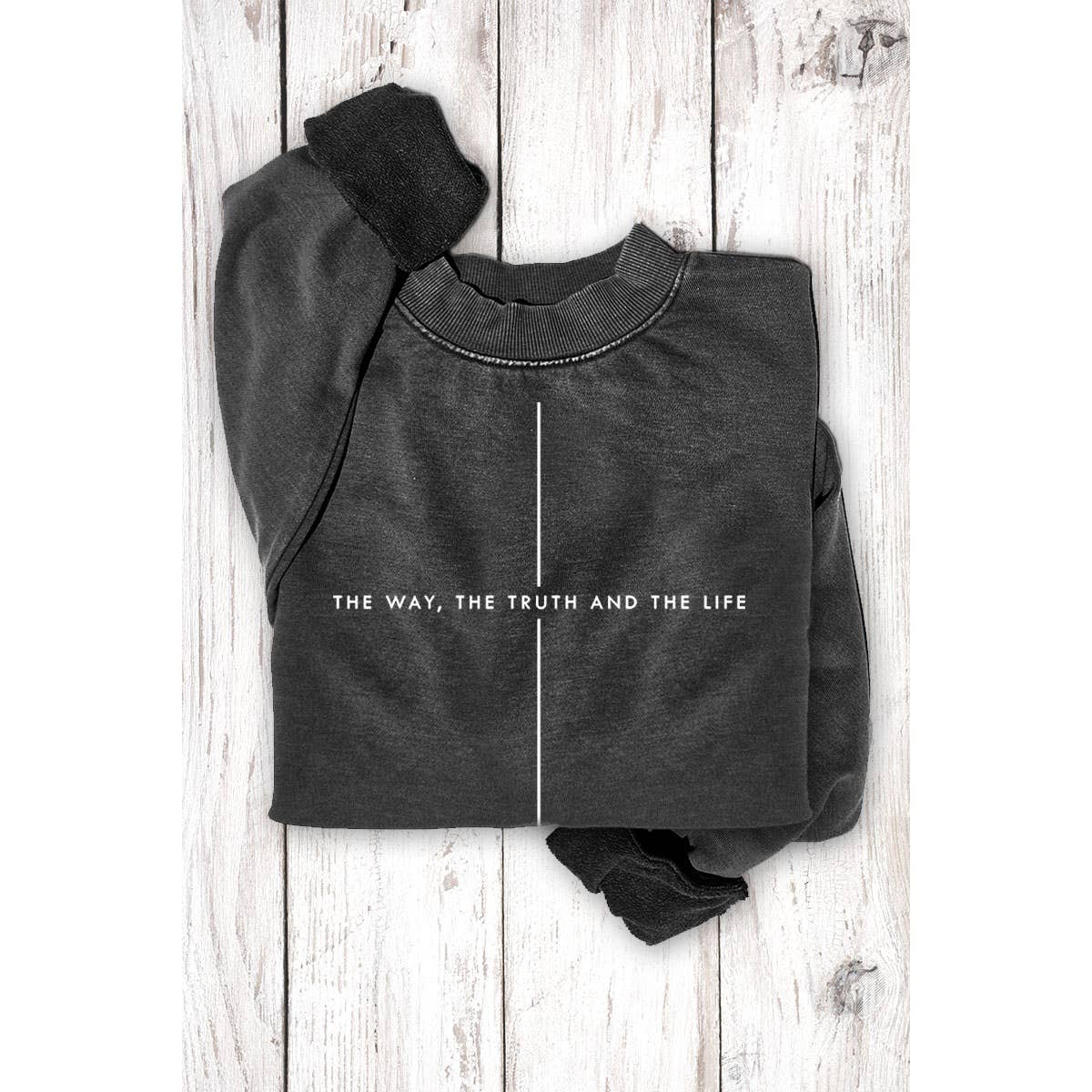HRT & LUV The Way The Truth The Life Mineral Wash Sweatshirt | Black Christian Graphic Crewneck
