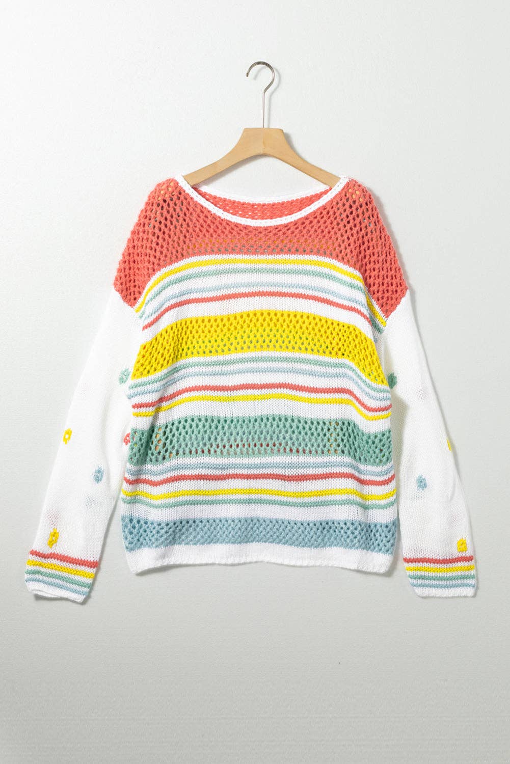 “Multicolor hollow-striped knit sweater with contrast sleeves”
“Lightweight drop-shoulder striped pullover with bright sleeves”
“Layered hollow-knit sweater featuring bold multicolor stripes – B7 Boutique”