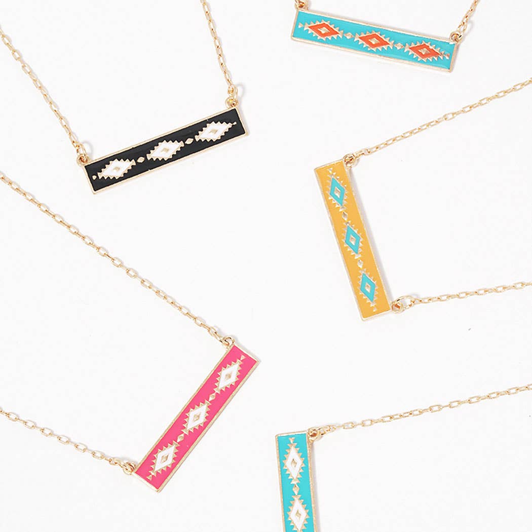 Bar Shaped Aztec Pattern Charm Necklace