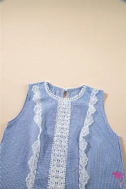 Sky Blue Stripe Lace Patchwork Crew Neck Tank Top – Breezy & Feminine Delight