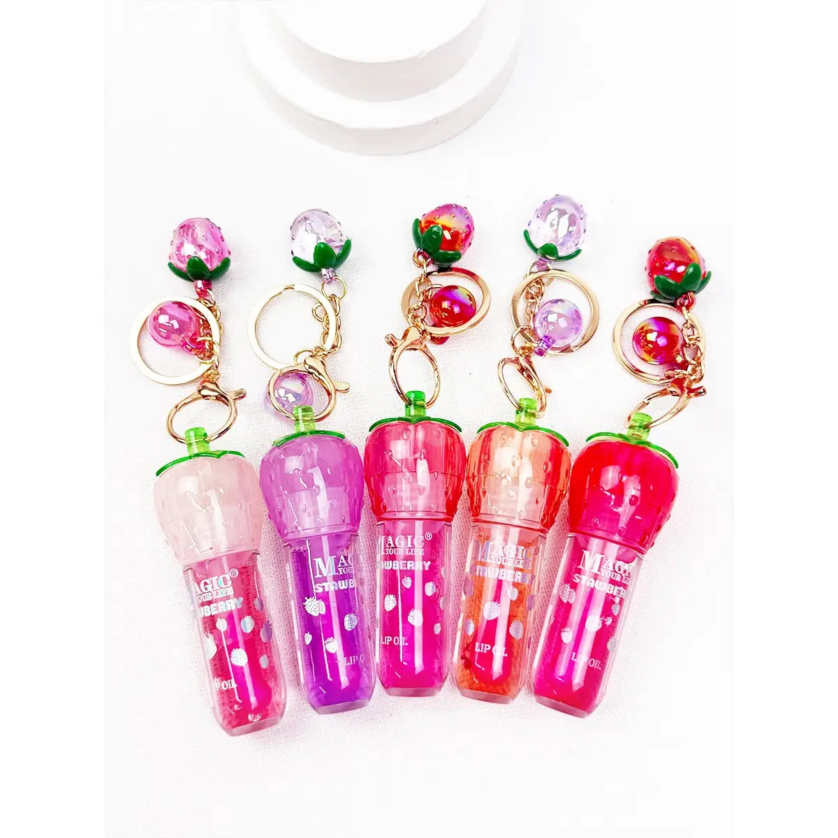 Strawberry Charm Lip Gloss Keychain | Mini Strawberry Lip Oil Key Ring