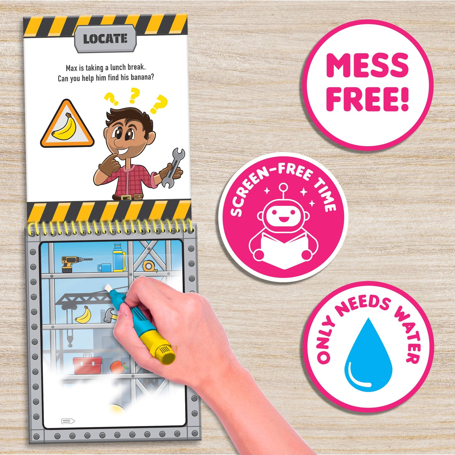 “Water Magic Construction kit with banana scented water pen”
“Reusable no-mess construction water-reveal activity for kids”
“Banana scented Water Magic construction craft toy”