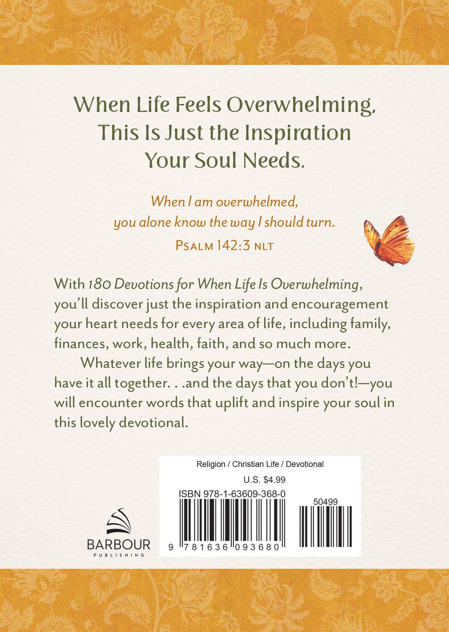 “Cover of 180 Devotions for When Life Is Overwhelming by Hilary Bernstein”
“Inside spread showing a devotion page”
“Paperback devotional book — pocket size”