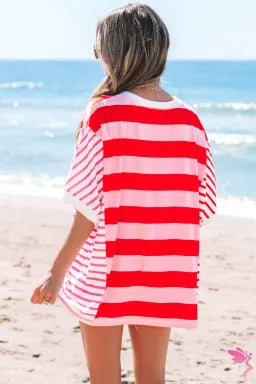 Pink Stripe Patchwork Round Neck Side Split Loose Tee – Effortlessly Sweet & Breezy
