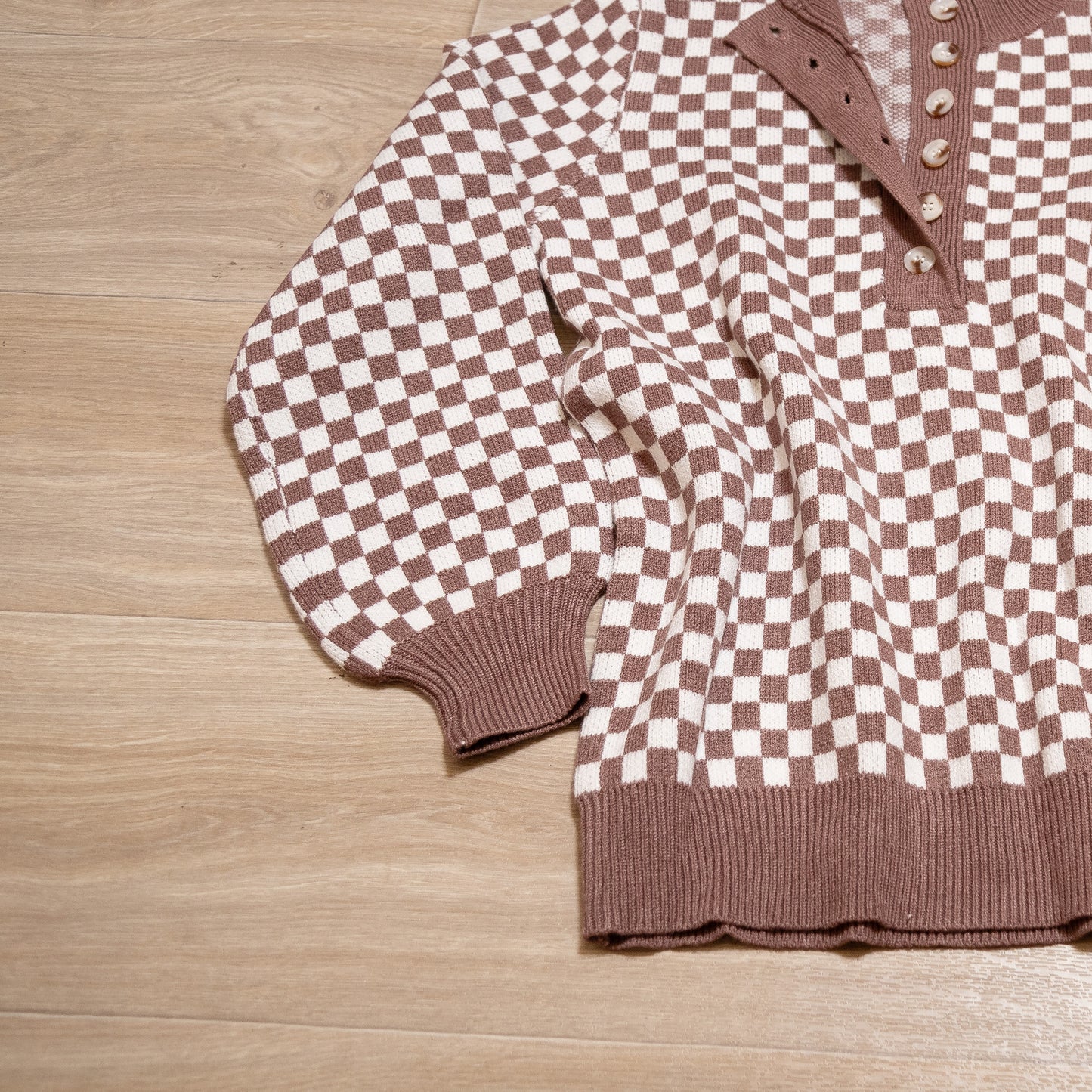 Cocoa Check Button-Front Knit Sweater
