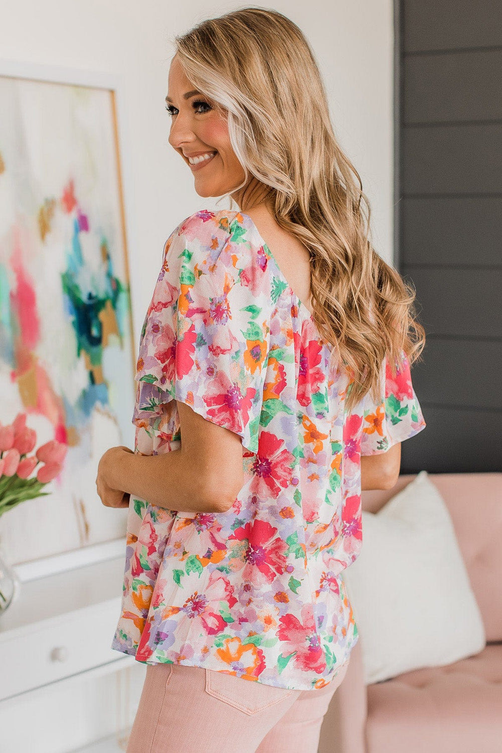 Multicolor Watercolor Floral Square Neck Blouse – Soft & Flirty Ruffle Sleeve Style 🌺