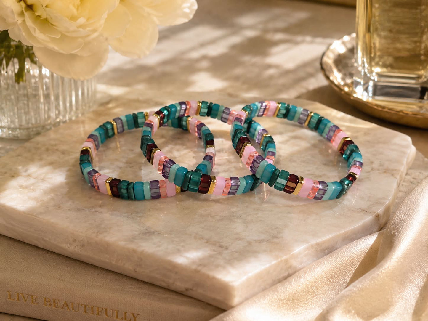 Sedona Sunset Candy Bracelet | Teal Pink Brown & Gold Stretch Bracelet