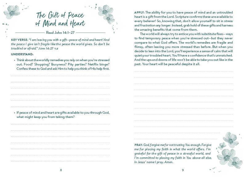 “The 5-Minute Bible Study Journal for a Less Stressed Life — front cover floral design”
“Inside pages showing daily devotional format: Read, Understand, Apply, Pray”
“Spiral bound devotional journal—pocket-friendly size”