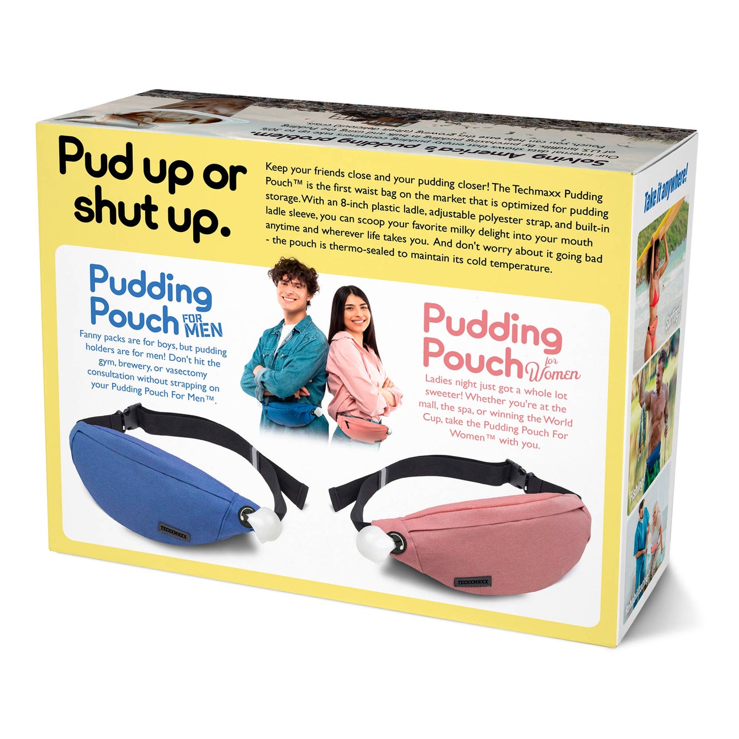 “Pudding Pouch prank gift box with pudding pouch fake product art”
“Empty prank-O box assembled, dimensions 11.25 x 9 x 3.25”
“Close-up of Pudding Pouch prank box packaging design”