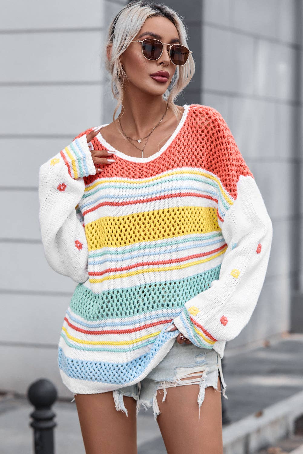 “Multicolor hollow-striped knit sweater with contrast sleeves”
“Lightweight drop-shoulder striped pullover with bright sleeves”
“Layered hollow-knit sweater featuring bold multicolor stripes – B7 Boutique”
