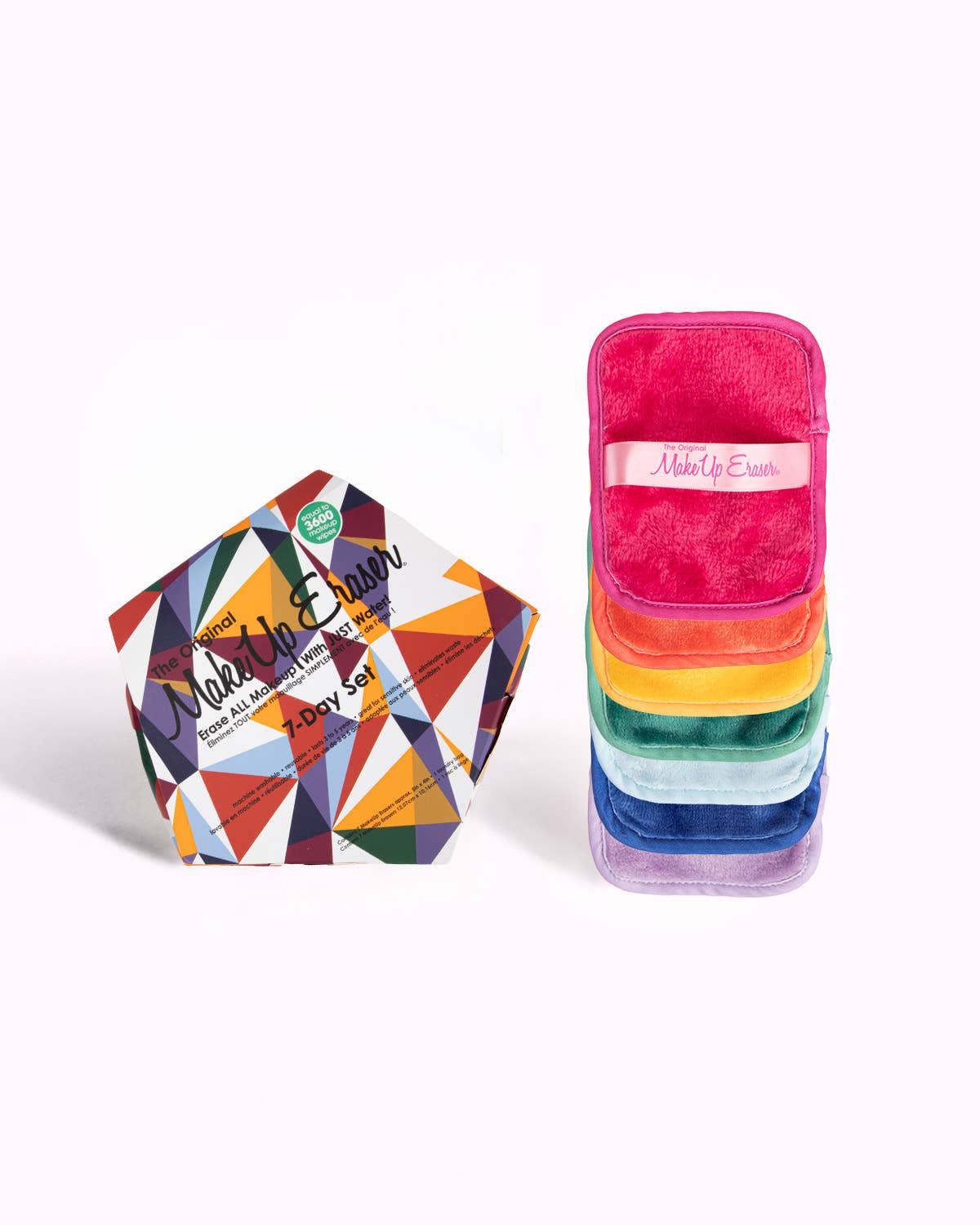 A set of geometric-patterned makeup eraser cloths in various colors, displayed alongside their packaging.