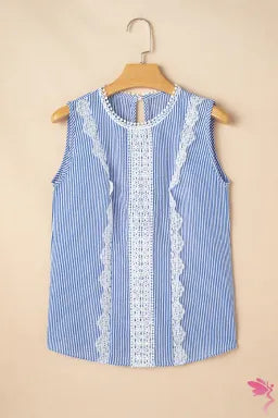 Sky Blue Stripe Lace Patchwork Crew Neck Tank Top – Breezy & Feminine Delight