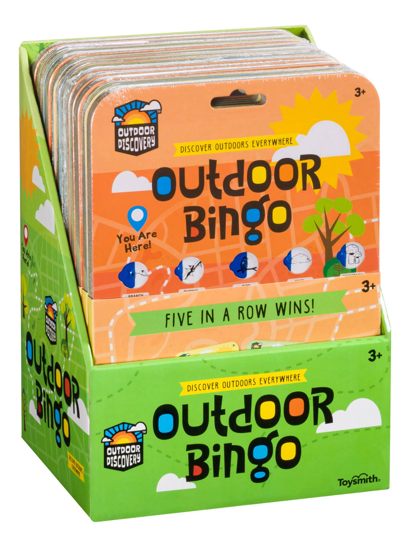 Outdoor Discovery bingo cards in assorted colors with slide windows
Close-up showing sliding panels and illustrated nature icons
Child holding bingo card in a nature setting
All four themed cards displayed together on a green surface