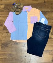 Oversized colorblock linen shirt front on hanger showing panels