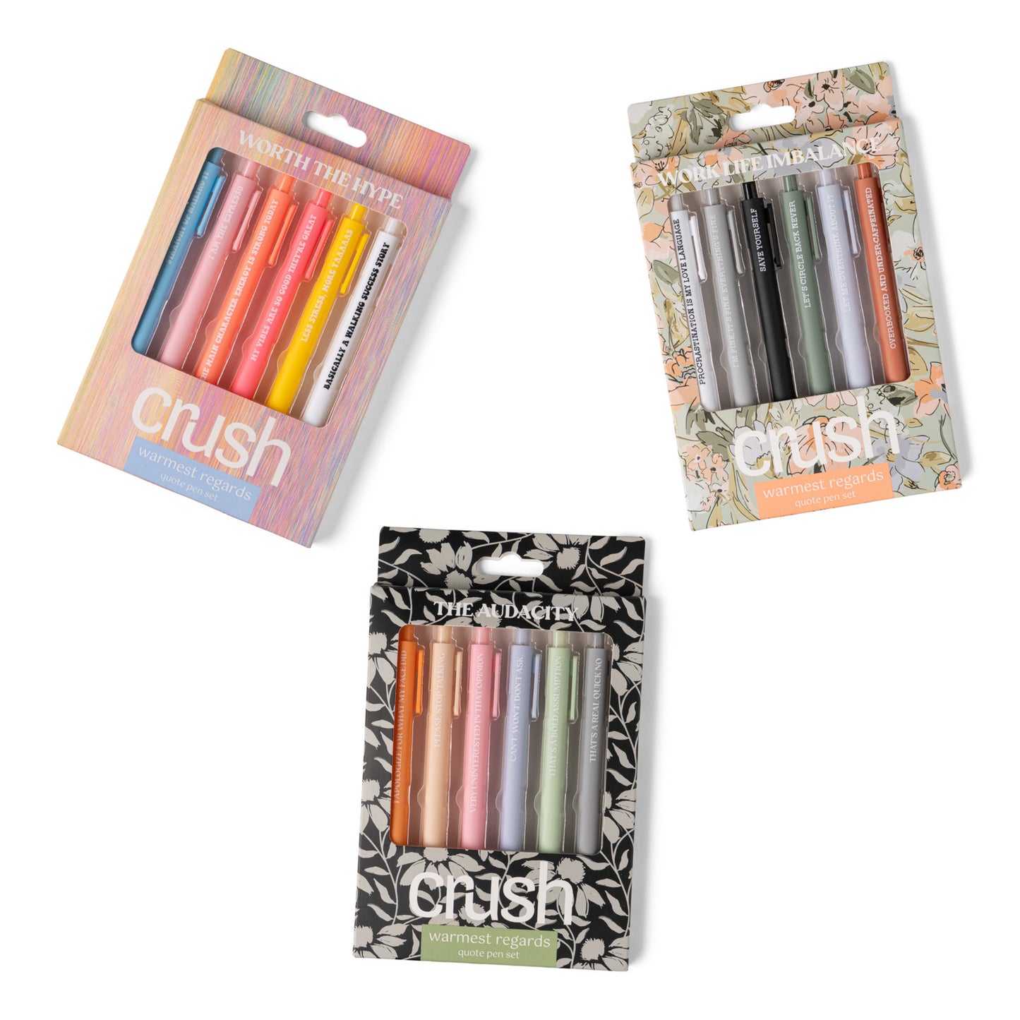 Three packages of 'Crush' pens with different color schemes on a white background