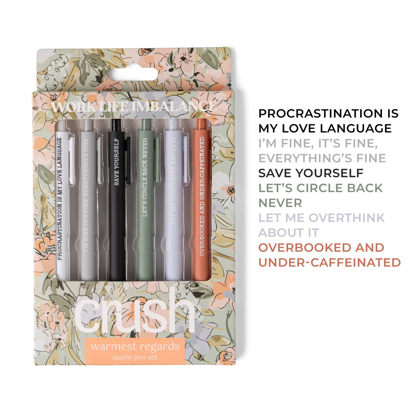 Packaging of 'crush' branded pens with motivational text on a white background