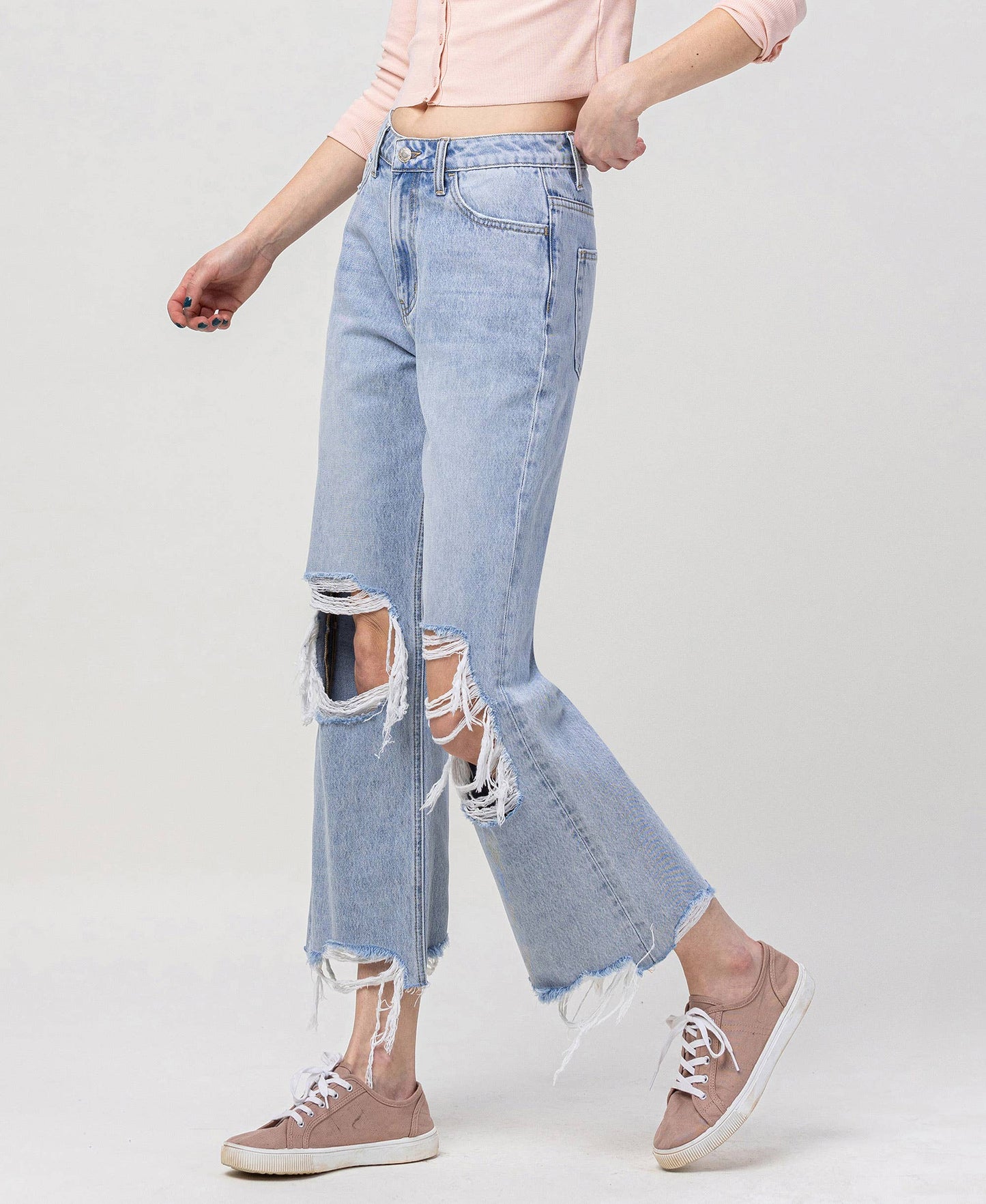 90s Throwback Super High Rise Crop Flare Jeans – Distressed Raw Hem Vintage Denim Vervet V2839
