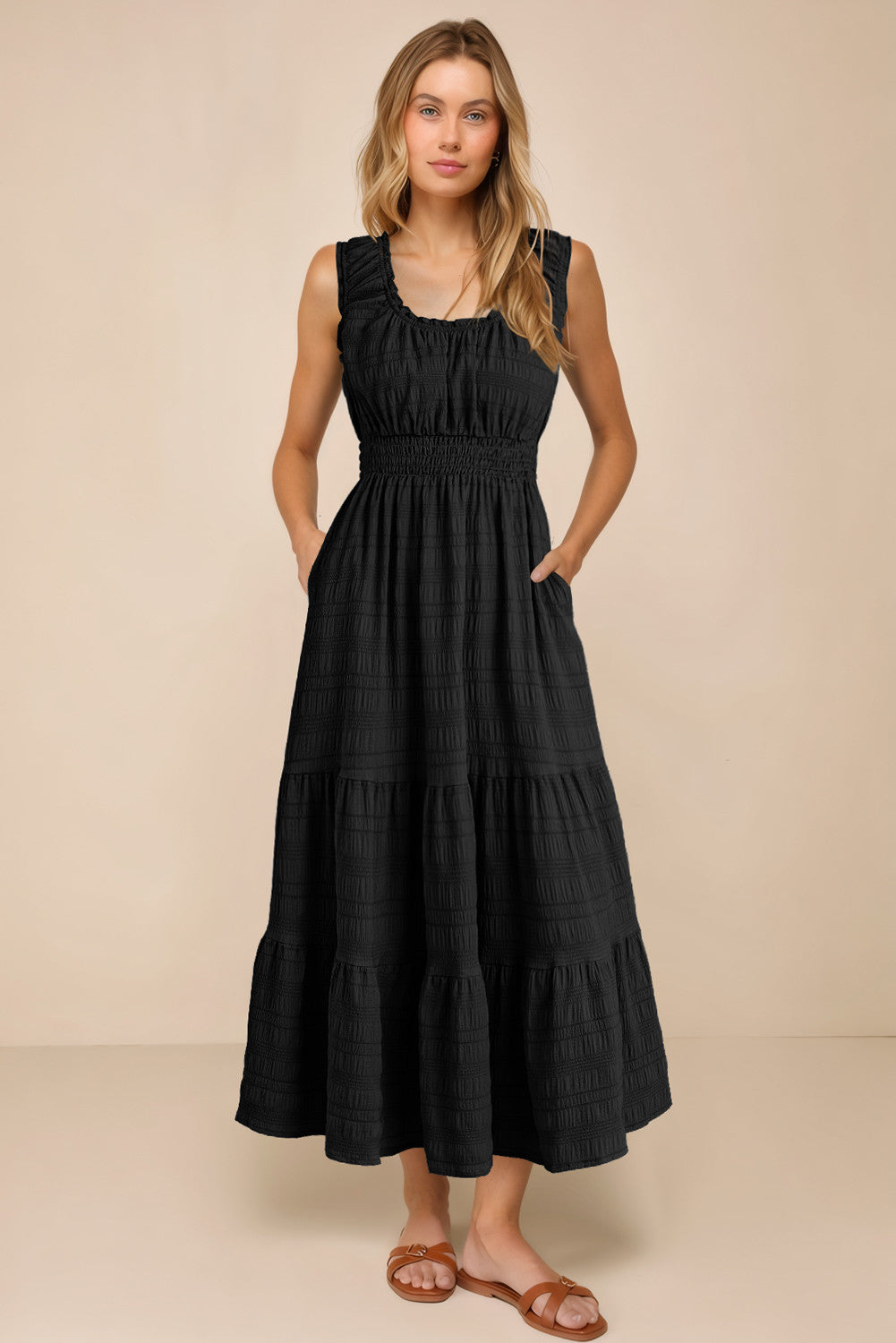 Shirred Midi Dress with Pockets – Sleeveless Square Neck Tiered Flowy Dress for Women