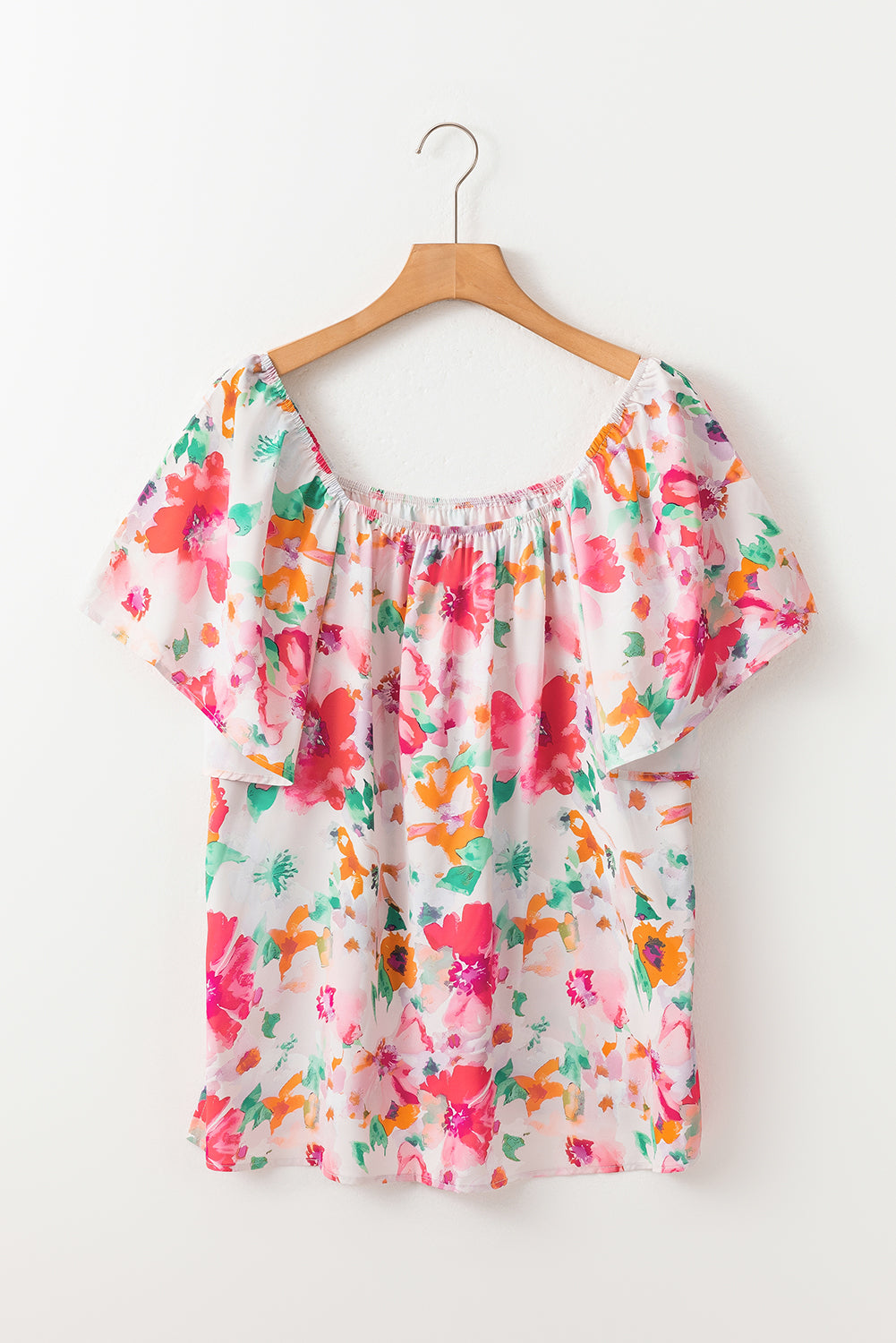 Multicolor Watercolor Floral Square Neck Blouse – Soft & Flirty Ruffle Sleeve Style 🌺
