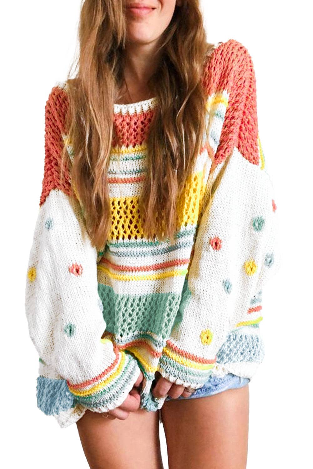 “Multicolor hollow-striped knit sweater with contrast sleeves”
“Lightweight drop-shoulder striped pullover with bright sleeves”
“Layered hollow-knit sweater featuring bold multicolor stripes – B7 Boutique”
