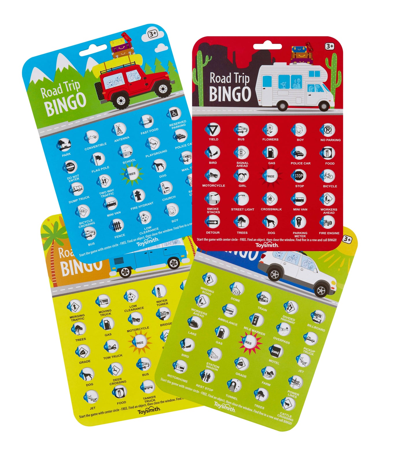 Road Trip Bingo cards: Desert, City, Beach, and Mountain themed slide-window boards
Card close-up showing sliding panels covering bingo icons
Child holding Road Trip Bingo card inside car
Four themed cards spread flat showing variety of illustrations