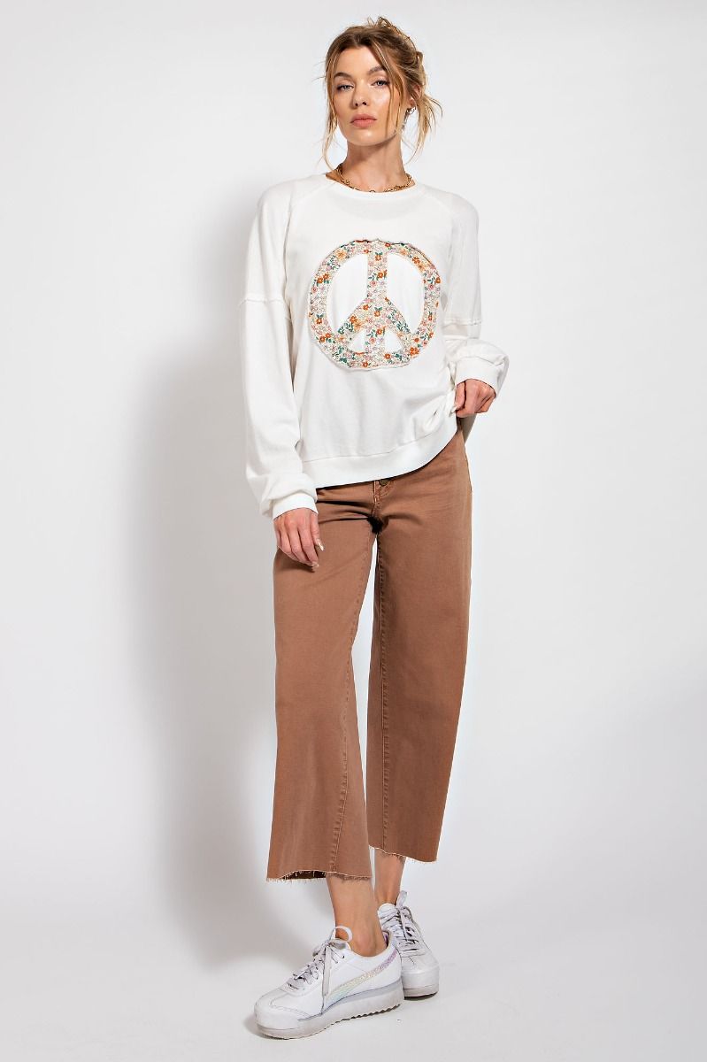 Easel button front stretch twill bell bottom pants