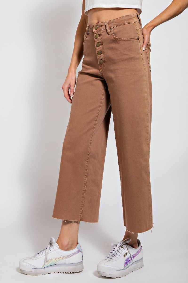Easel button front stretch twill bell bottom pants