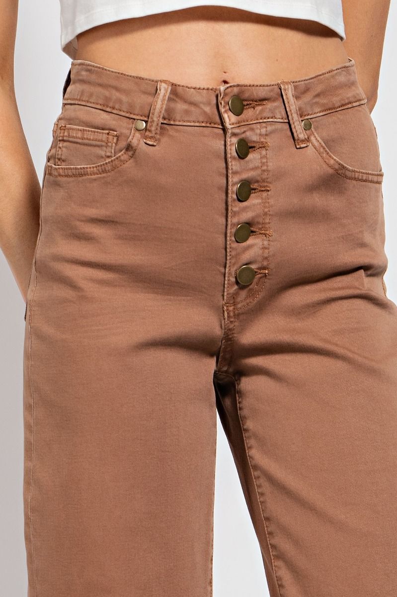 Easel button front stretch twill bell bottom pants