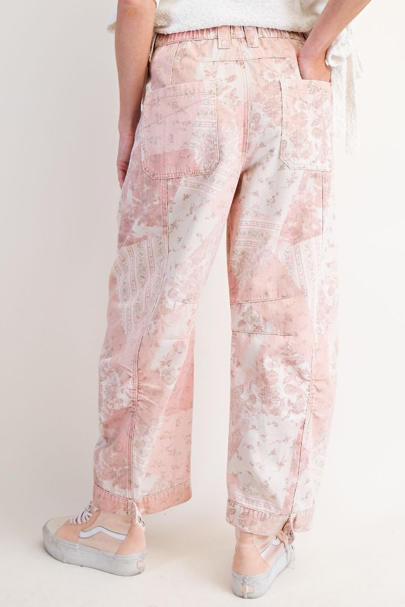 Easel Patchwork Printed Barrel Pants – High Rise Vintage Floral Wide Leg Trousers