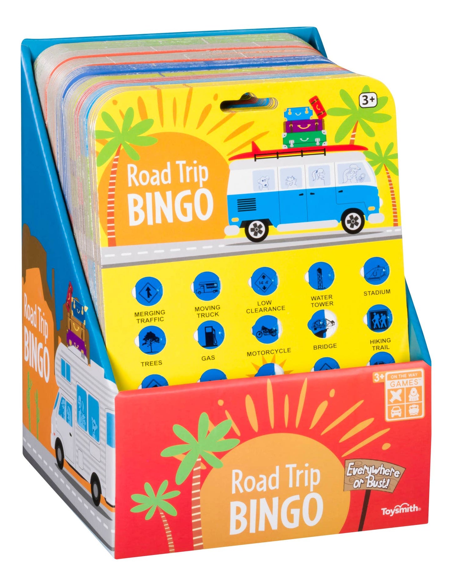 Packaging for 'Road Trip BINGO' travel game showing the game's illustration with a blue van, palm trees, and sun.