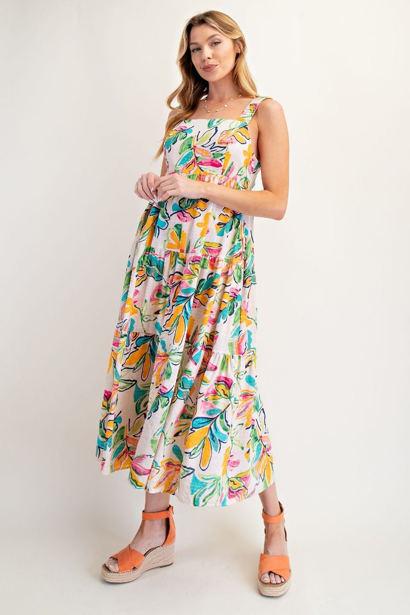 Easel Printed Cotton Rayon Maxi Dress Flowy Slub Fabric & Boho Print Medium Easel Printed Cotton Rayon Maxi Dress Flowy Slub Fabric & Boho Print Medium