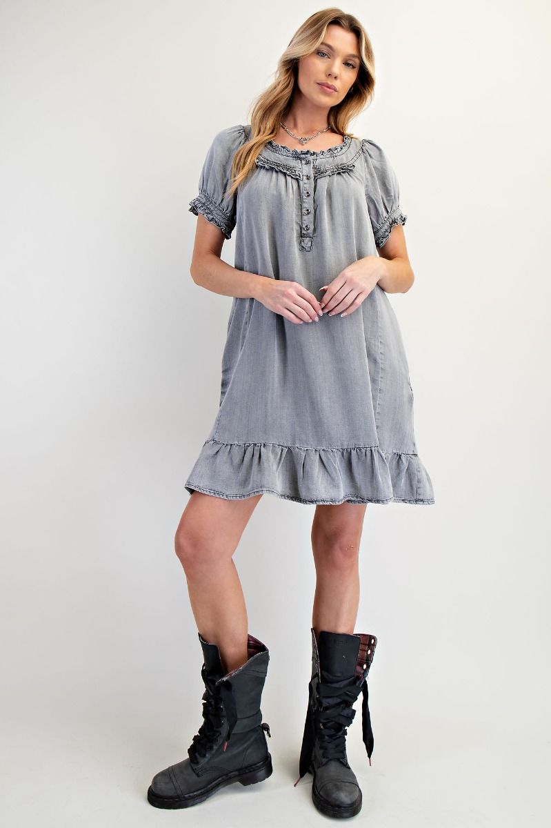 Easel Washed Chambray Ruffled Dress Western Boho Vibes B7 Boutique Easel Washed Chambray Ruffled Dress Western Boho Vibes B7 Boutique