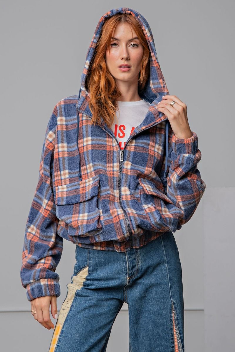 PLAID FLEECE HOODIE JACKET by EASEL ET21062