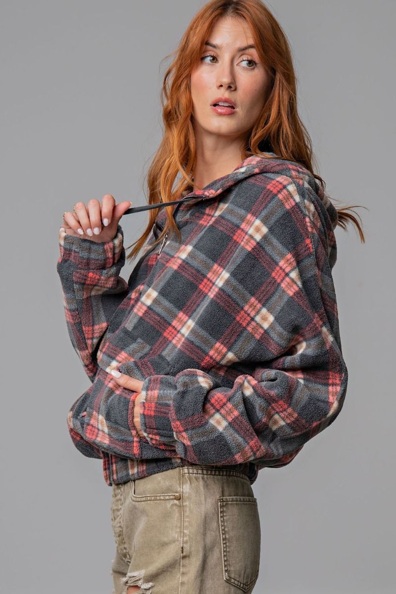 PLAID FLEECE HOODIE JACKET by EASEL ET21062