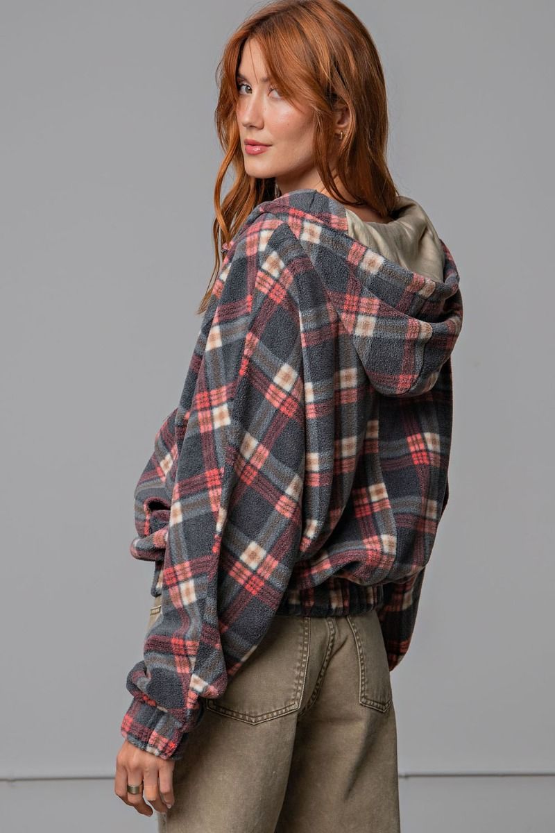 PLAID FLEECE HOODIE JACKET by EASEL ET21062