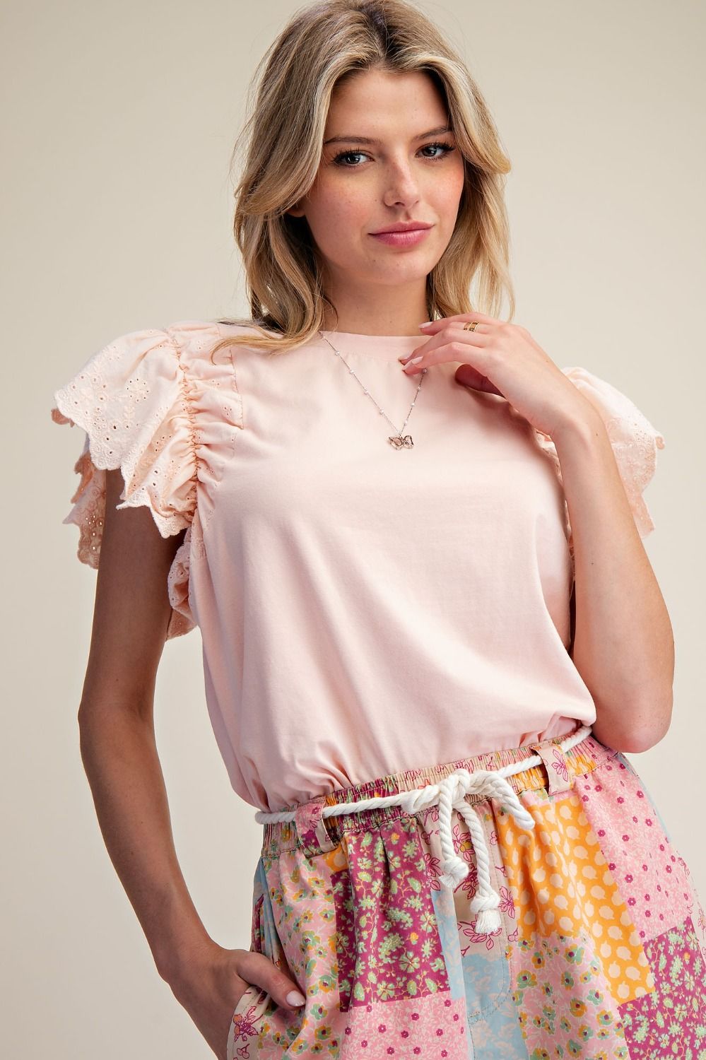 Soft Spoken Eyelet Wing Sleeve Top by Easel