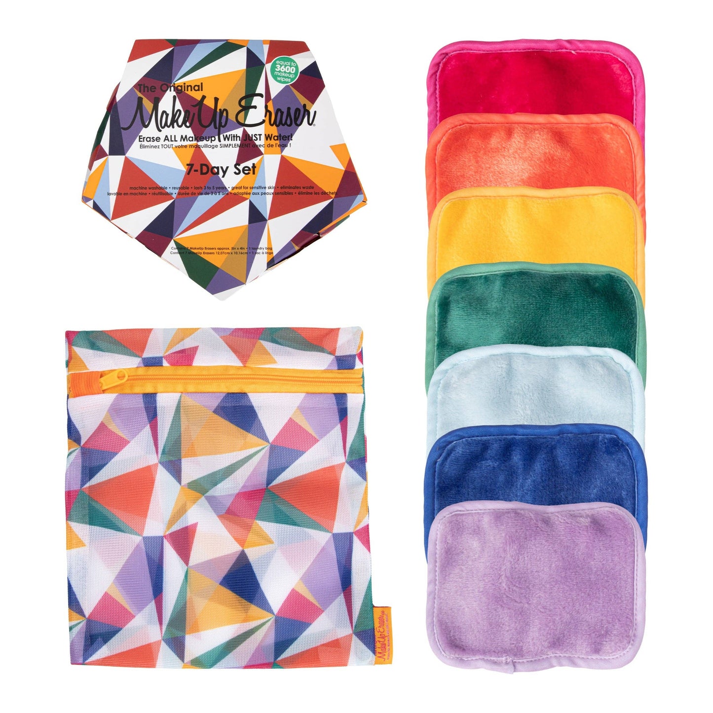 Close-up of vibrant microfiber cloths and travel-friendly laundry bag
Individual makeup remover pads aligned beside packaging
Dual-texture cloth surface visible, showing exfoliating side with tag