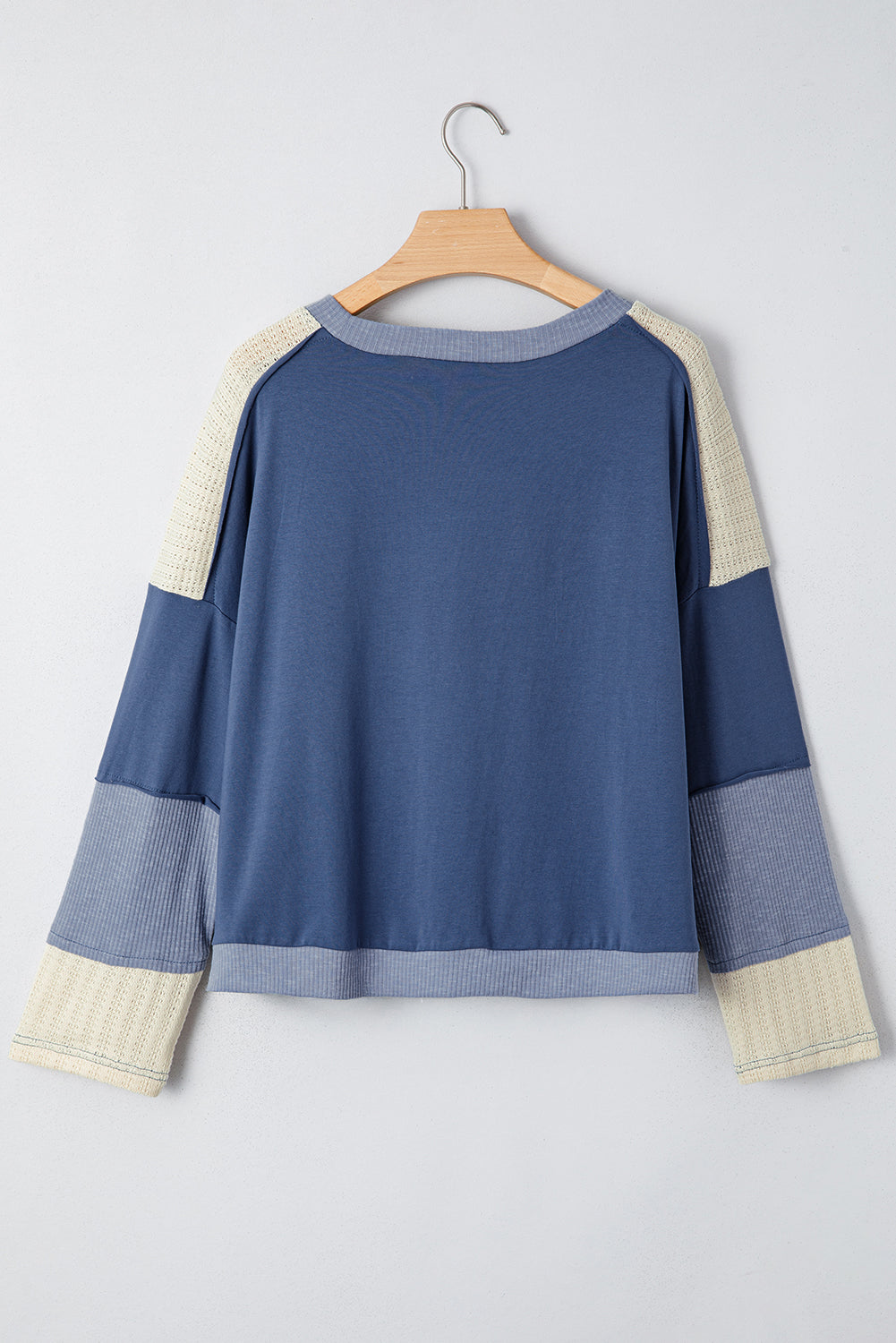 Dark Blue Star Patchwork Colorblock Long Sleeve Top – Oversized Knit Contrast Tee