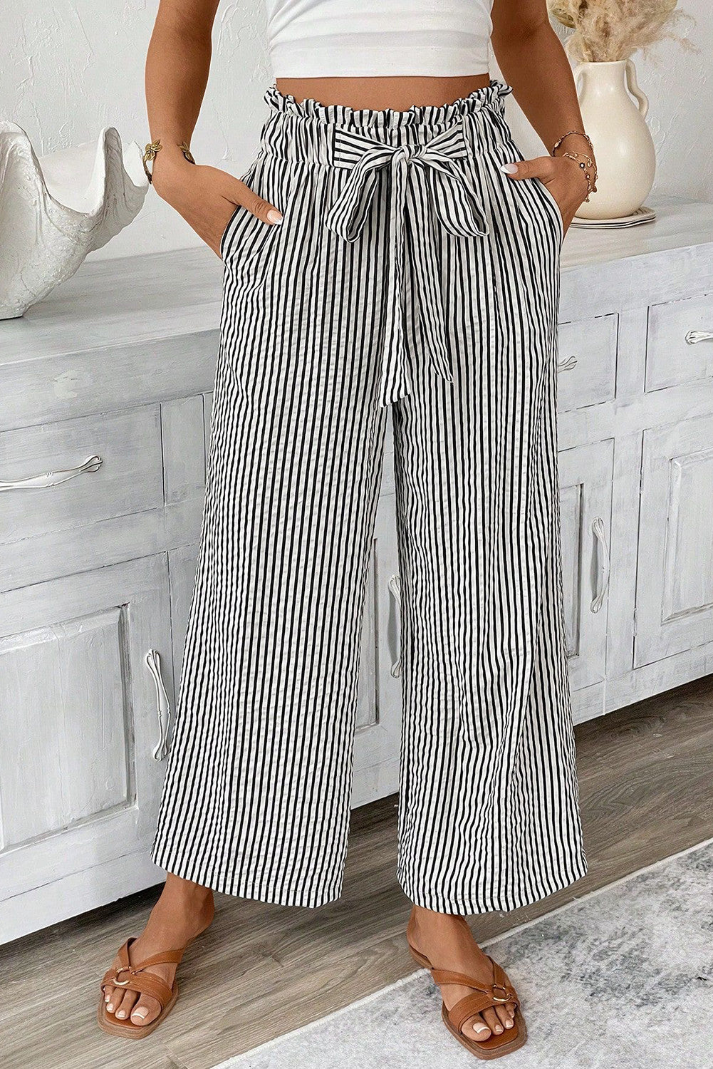 Midnight Stripe Tie-Waist Straight Pants