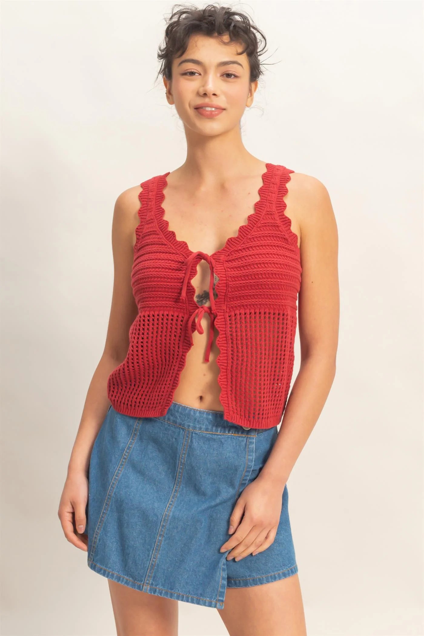 Red Open Knit Double Tie-Front Vest